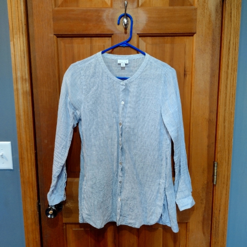 J. Jill 100% linen blue white striped king sleeve tunic with ties size XS